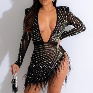 This Women Sexy v-Neck Slit Beaded Feather See-Through Long Sleeve Dress Design Made Of High Quality Polyster And Spandex Material