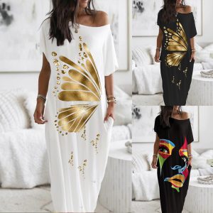 This Women Shiny Print Short Sleeve Casual Maxi Dress Design Made Of High Quality Polyster And Spandex Material