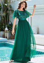 This Women Short Sleeve Lace Patchwork Round Neck Mesh Evening Dress Design Made Of High Level Material