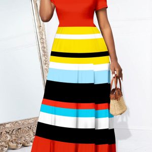 This Women Short Sleeve Striped Printed Long Dress Design Made Of High Quality Polyster And Spandex Material