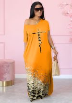 This Women Slash Shoulder v-Neck Print Oversized Dress Design Made Of High Quality Polyster And Spandex Material