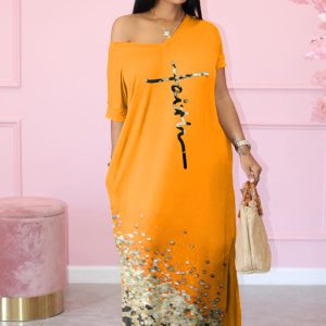 This Women Slash Shoulder v-Neck Print Oversized Dress Design Made Of High Quality Polyster And Spandex Material