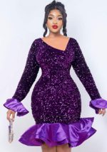 This Women Slip Neck Bell Bottom Sleeve Sequined Patchwork Dress Design Made Of Good Quality Polyster And Spandex Material