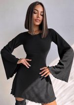 This Women Solid Backless Lace-Up Ruffle Edge Bell Bottom Sleeve Dress Design Made Of High Quality Polyster And Spandex Material. It Is Stretchy