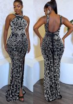 This Women Solid Beaded Slit Backless Dress Design Made Of High Quality Polyster And Spandex Material