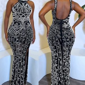 This Women Solid Beaded Slit Backless Dress Design Made Of High Quality Polyster And Spandex Material