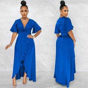 This Women Solid Casual Short Sleeve v-Neck Slit Irregular Dress Design Made Of High Quality Polyster And Spandex Material