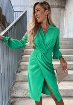 This Women Solid Color Long Sleeve v-Neck Slit Dress Design Made Of High Quality Polyster And Spandex Material. It Is Stretchy