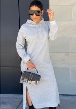 This Women Solid Hooded Long Sleeves Slit Dress Design Made Of High Quality Polyster And Spandex Material