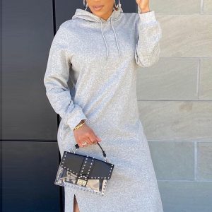 This Women Solid Hooded Long Sleeves Slit Dress Design Made Of High Quality Polyster And Spandex Material