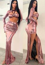 This Women Solid Long Sleeve Sexy Top And Slit Long Skirt Two Piece Set Design Made Of High Quality Polyster And Spandex Material