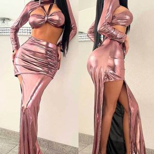 This Women Solid Long Sleeve Sexy Top And Slit Long Skirt Two Piece Set Design Made Of High Quality Polyster And Spandex Material