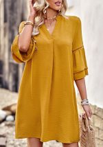 This Women Solid Loose v Neck Dress Design Made Of High Quality Polyster And Spandex Material. It Is Stretchy