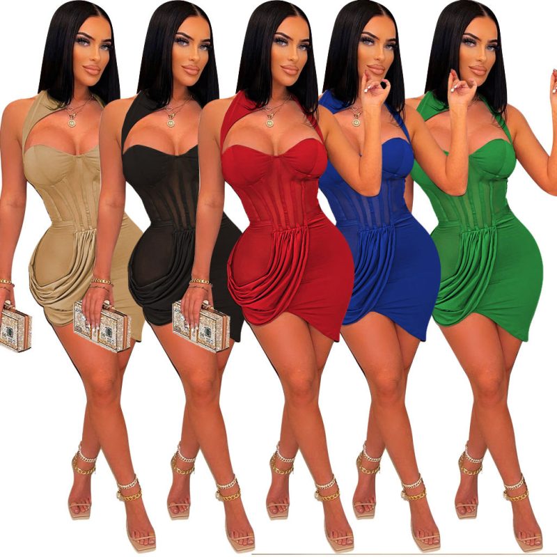 This Women Solid Mesh See-Through Crinkle Irregular Mini Dress Design Made Of High Quality Polyster And Spandex Material