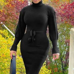 This Women Solid Ribbed High Neck Long Sleeve Dress With Belt Design Made Of High Quality Polyster And Spandex Material. It Come With Good Stretch And Wearing Comfortable. Women¡¯s Midi Dresses Is Omnipotent And Suit For All Kinds Of Occasions - Daily Wear