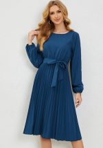 This Women Solid Round Neck Long Sleeve Pleated Casual Strappy Dress Design Made Of High Quality Polyster And Spandex Material. It Is Stretchy