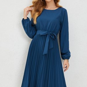 This Women Solid Round Neck Long Sleeve Pleated Casual Strappy Dress Design Made Of High Quality Polyster And Spandex Material. It Is Stretchy