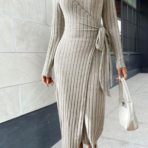 This Women Solid Round Neck Lace-Up Elegant Knitting Dress Combine The Warm And Fashion. It Is a Must-Have Item For This Winter. Sweater Dresses For Women At Global Lover Comes For Different Occasions - Daily Life