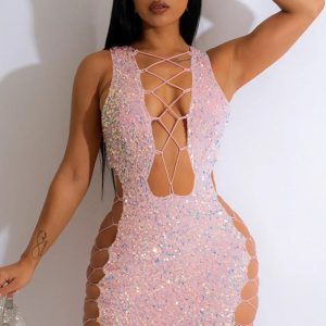 This Women Solid Sequin Lace Up Sleeveless Mini Dress Design Made Of High Quality Polyster And Spandex Material