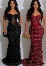 This Women Solid Sequin Sexy Strap Maxi Dress Design Made Of High Quality Polyster And Spandex Material