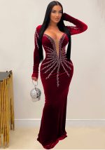 This Women Solid Sexy Beaded Long Sleeve Dress Design Made Of Good Quality Polyster And Spandex Material