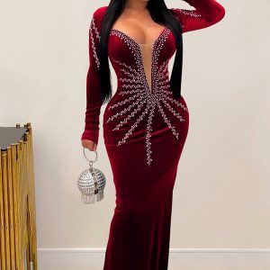 This Women Solid Sexy Beaded Long Sleeve Dress Design Made Of Good Quality Polyster And Spandex Material