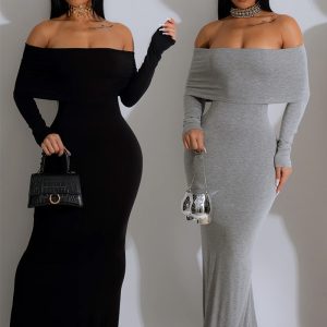 This Women Solid Sexy Off Shoulder Maxi Dress Design Made Of High Quality Polyster And Spandex Material