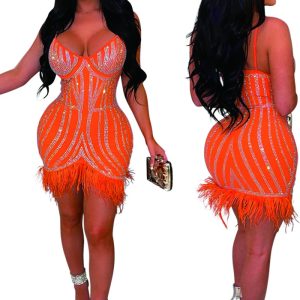 This Women Solid Sexy Suspender v-Neck Beaded Feather Dress Design Made Of High Quality Polyster And Spandex Material