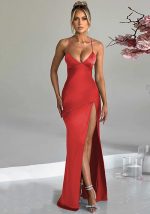 This Women Solid Sexy v-Neck Slit Maxi Strap Dress Design Made Of High Quality Polyster And Spandex Material. It Come With Good Stretch And Wearing Comfortable. Women¡¯s Midi Dresses Is Omnipotent And Suit For All Kinds Of Occasions - Daily Wear