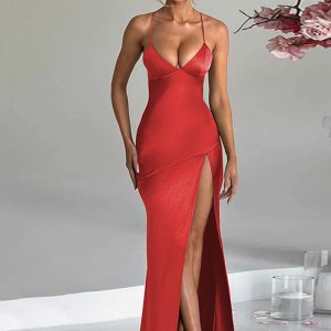 This Women Solid Sexy v-Neck Slit Maxi Strap Dress Design Made Of High Quality Polyster And Spandex Material. It Come With Good Stretch And Wearing Comfortable. Women¡¯s Midi Dresses Is Omnipotent And Suit For All Kinds Of Occasions - Daily Wear