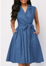 This Women Solid Sleeveless Turndown Collar Tie Maxi Dress Design Made Of High Quality Polyster And Spandex Material. It Come With Good Stretch And Wearing Comfortable. Women¡¯s Midi Dresses Is Omnipotent And Suit For All Kinds Of Occasions - Daily Wear