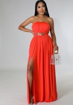 This Women Solid Strapless Slit Belt Dress Design Made Of High Quality Polyster And Spandex Material. It Is Stretchy