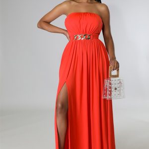 This Women Solid Strapless Slit Belt Dress Design Made Of High Quality Polyster And Spandex Material. It Is Stretchy