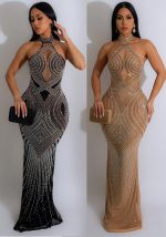 This Women Solid Mesh Beaded Halter Neck Long Dress Design Made Of High Quality Polyster And Spandex Material