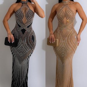 This Women Solid Mesh Beaded Halter Neck Long Dress Design Made Of High Quality Polyster And Spandex Material