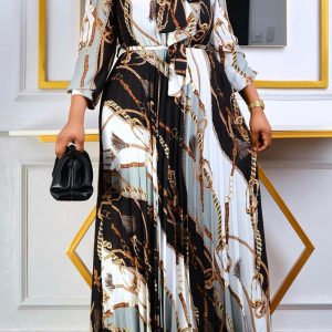 This Women Black Vintage Bow Full Sleeves Chain Print Belted Maxi Pleated Plus Size Dresses made of soft and elastic fabric. Global Lover wholesale plus size dresses and hope curvy ladies find here a warm and exciting place to shop affordable curvy dresses online - plus size casual