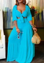 This Women Blue Casual V-neck Half Sleeves High Waist Solid Cascading Ruffle Loose Plus Size Two Piece design and made of comfortable and elastic fabric. wholesale plus size two piece sets is a must-have item for curvy ladies. Two piece sets can either be worn together or individually