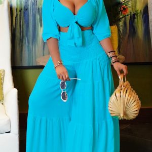 This Women Blue Casual V-neck Half Sleeves High Waist Solid Cascading Ruffle Loose Plus Size Two Piece design and made of comfortable and elastic fabric. wholesale plus size two piece sets is a must-have item for curvy ladies. Two piece sets can either be worn together or individually