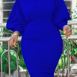 This Women Blue Slash Neck Full Sleeves Pencil Office Dresses design made of high end polyster and spandex material