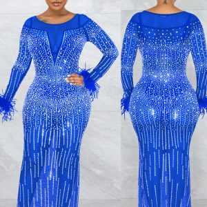 This Women Blue O-Neck Full Sleeves Solid Mesh Diamonds Evening Dresses design made of good quality polyster and spandex material