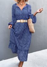 This Women Blue V-neck Full Sleeves Ruffles Loose Casual Dresses design made of high quality polyster and spandex material. It is stretchy