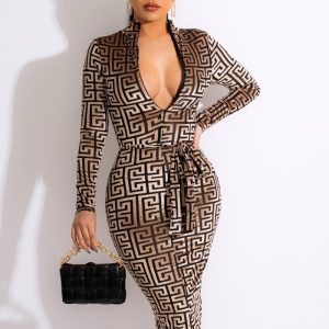 This Women Brown V-neck Full Sleeves Zippers Sheath Midi Dresses design made of high quality polyster and spandex material. It come with good stretch and wearing comfortable. Women¡¯s midi dresses is omnipotent and suit for all kinds of occasions - daily wear