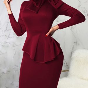 This Women Burgunry Bow Long Sleeve Office Dresses design made of high end polyster and spandex material