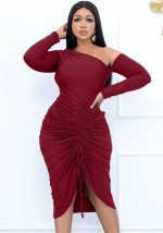 This Women Burgunry Asymmetrical Full Sleeves Midi Club Dresses design made of high quality polyster and spandex material