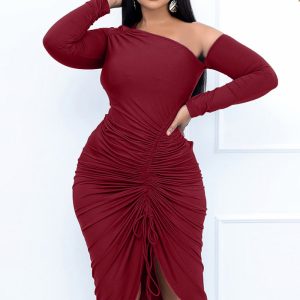 This Women Burgunry Asymmetrical Full Sleeves Midi Club Dresses design made of high quality polyster and spandex material