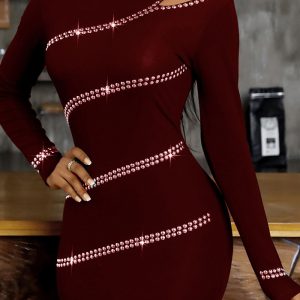 This Women Burgunry O-Neck Long Sleeve Mini Club Dresses design made of high quality polyster and spandex material