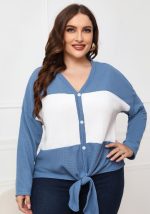 This Women Color Blocking V-neck Casual V-neck Full Sleeves Knotted Regular Plus Size Tops made of comfortable and elastic fabric. It is wholesale sexy plus size tops for women. With the gradual rise of feminist awareness