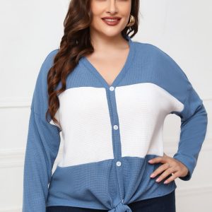 This Women Color Blocking V-neck Casual V-neck Full Sleeves Knotted Regular Plus Size Tops made of comfortable and elastic fabric. It is wholesale sexy plus size tops for women. With the gradual rise of feminist awareness