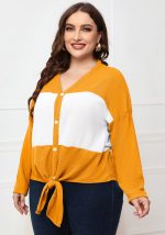 This Women Color Blocking V-neck Casual V-neck Full Sleeves Knotted Regular Plus Size Tops made of comfortable and elastic fabric. It is wholesale sexy plus size tops for women. With the gradual rise of feminist awareness