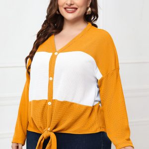 This Women Color Blocking V-neck Casual V-neck Full Sleeves Knotted Regular Plus Size Tops made of comfortable and elastic fabric. It is wholesale sexy plus size tops for women. With the gradual rise of feminist awareness